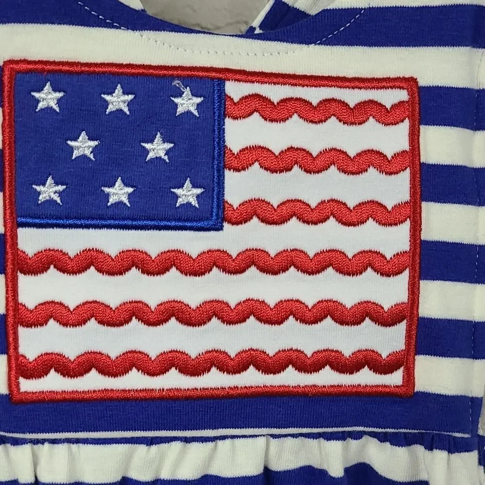 NWT Baby Girl American Flag Appliqué Striped Pom Ruffle Bubble Romper Outfit 3M